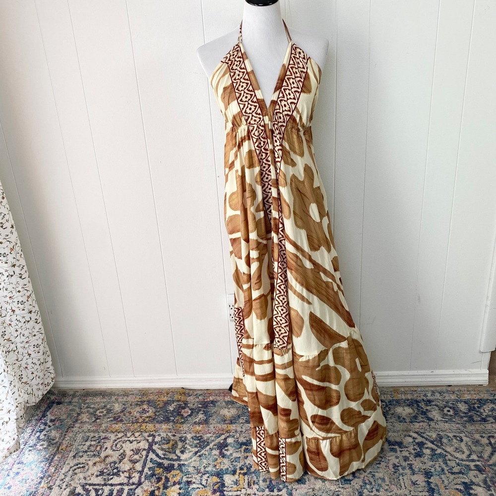 Zury Brown Cream Abstract Silk Blend Halter Maxi Dress Tagged- Free Size S/M